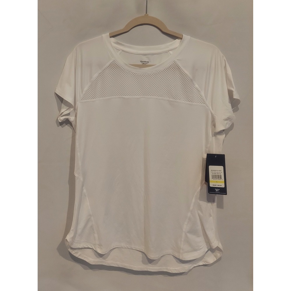 Reebok Womens White Thrive Mixed Mesh SS Athletic Top Blouse Size Large NWT